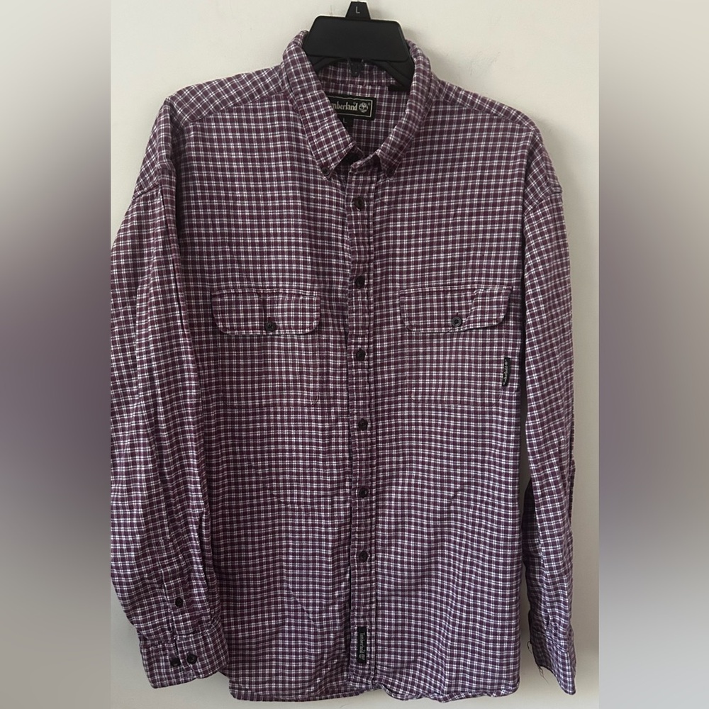 Timberland Men’s Flannel Shirt‎ Red Burgundy Check  100% Cotton Size Large
